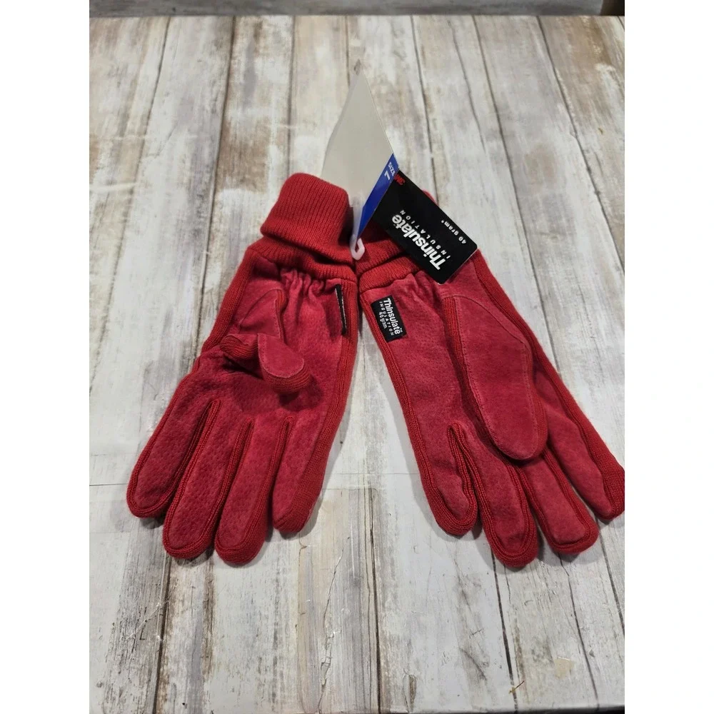 Basic Editions Red Leather Thinsulate  Gloves Women Large Fleece Lined